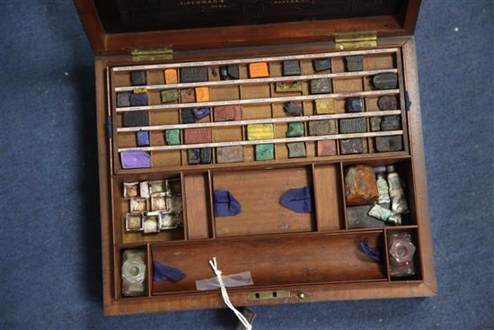 A Victorian J. Newmans Manufactory of Soho Square mahogany artistss box, 13.75 x 11in.